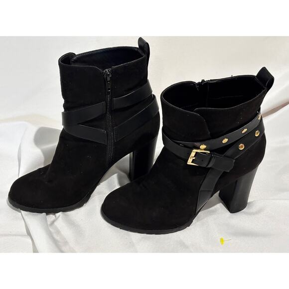 Woman’s APT 9 Black Suede Zip Boots Sz 9 chunky biker studded buckle straps - Picture 2 of 13